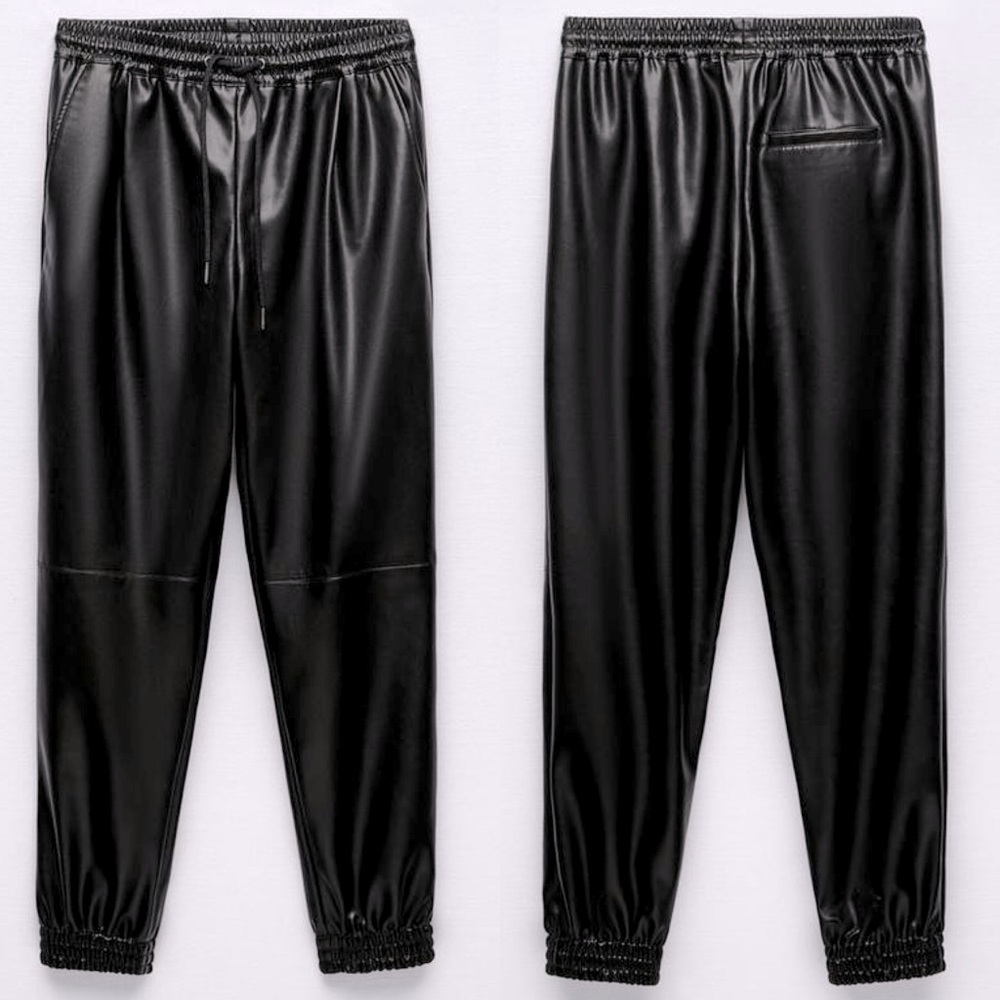 Zara FAUX LEATHER JOGGING TROUSERS PANTS High Waist Pockets Drawstring Black NEW
